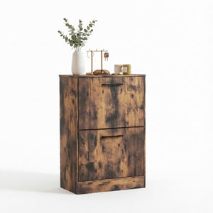English Elm Shoe Cabinet Rustic Entryway Organizer with Flip Drawers Holding 12 Pairs Neatly Rustic Brown T3971P549873