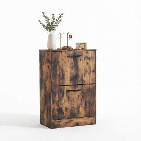 English Elm Shoe Cabinet Rustic Entryway Organizer with Flip Drawers Holding 12 Pairs Neatly Rustic Brown T3971P549873