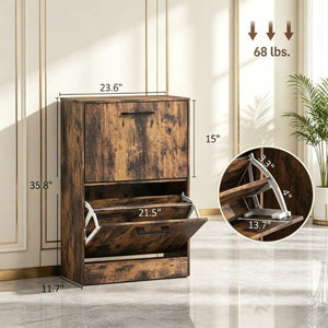 English Elm Shoe Cabinet Rustic Entryway Organizer with Flip Drawers Holding 12 Pairs Neatly Rustic Brown T3971P549873