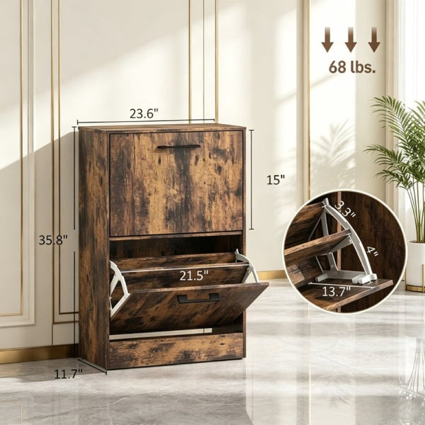 English Elm Shoe Cabinet Rustic Entryway Organizer with Flip Drawers Holding 12 Pairs Neatly Rustic Brown T3971P549873