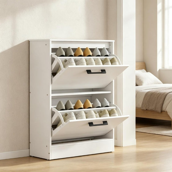 English Elm Shoe Cabinet Rustic Entryway Organizer with Flip Drawers Holding 12 Pairs Neatly White T3971P549899