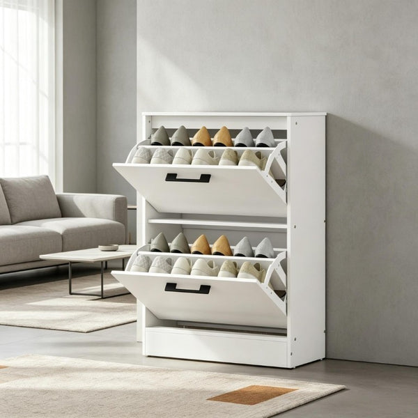 English Elm Shoe Cabinet Rustic Entryway Organizer with Flip Drawers Holding 12 Pairs Neatly White T3971P549899