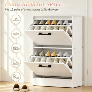 English Elm Shoe Cabinet Rustic Entryway Organizer with Flip Drawers Holding 12 Pairs Neatly White T3971P549899