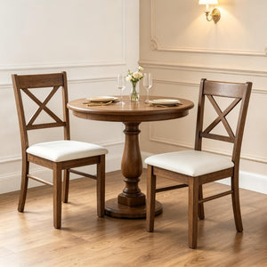 English Elm 2Pcs Mid-Century X-Back Dining Chairs Walnut Rubberwood Frame Linen Upholstered Seat Beige/Walnut T3971P549910