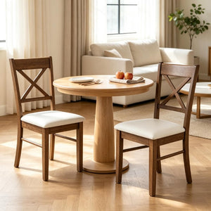 English Elm 2Pcs Mid-Century X-Back Dining Chairs Walnut Rubberwood Frame Linen Upholstered Seat Beige/Walnut T3971P549910