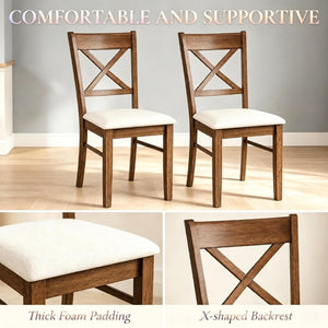 English Elm 2Pcs Mid-Century X-Back Dining Chairs Walnut Rubberwood Frame Linen Upholstered Seat Beige/Walnut T3971P549910