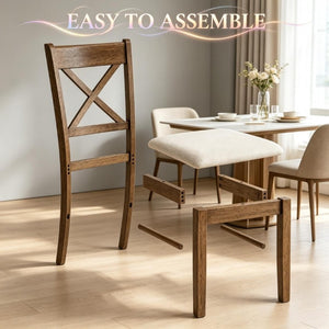 English Elm 2Pcs Mid-Century X-Back Dining Chairs Walnut Rubberwood Frame Linen Upholstered Seat Beige/Walnut T3971P549910