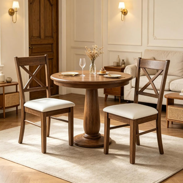 English Elm 2Pcs Mid-Century X-Back Dining Chairs Walnut Rubberwood Frame Linen Upholstered Seat Beige/Walnut T3971P549910