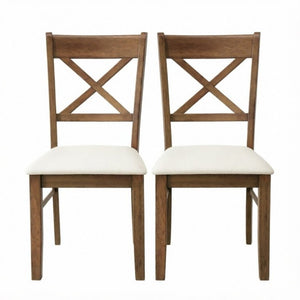 English Elm 2Pcs Mid-Century X-Back Dining Chairs Walnut Rubberwood Frame Linen Upholstered Seat Beige/Walnut T3971P549910