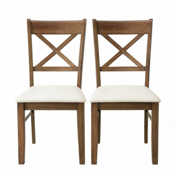 English Elm 2Pcs Mid-Century X-Back Dining Chairs Walnut Rubberwood Frame Linen Upholstered Seat Beige/Walnut T3971P549910