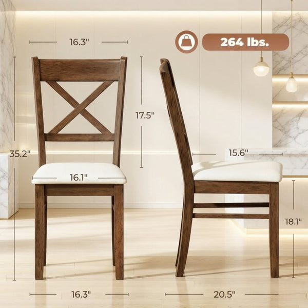 English Elm 2Pcs Mid-Century X-Back Dining Chairs Walnut Rubberwood Frame Linen Upholstered Seat Beige/Walnut T3971P549910