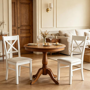 English Elm 2Pcs Mid-Century X-Back Dining Chairs Walnut Rubberwood Frame Linen Upholstered Seat Beige/White T3971P549912