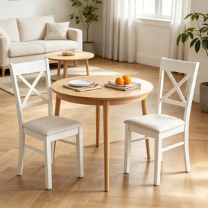 English Elm 2Pcs Mid-Century X-Back Dining Chairs Walnut Rubberwood Frame Linen Upholstered Seat Beige/White T3971P549912