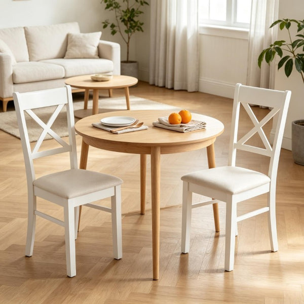 English Elm 2Pcs Mid-Century X-Back Dining Chairs Walnut Rubberwood Frame Linen Upholstered Seat Beige/White T3971P549912
