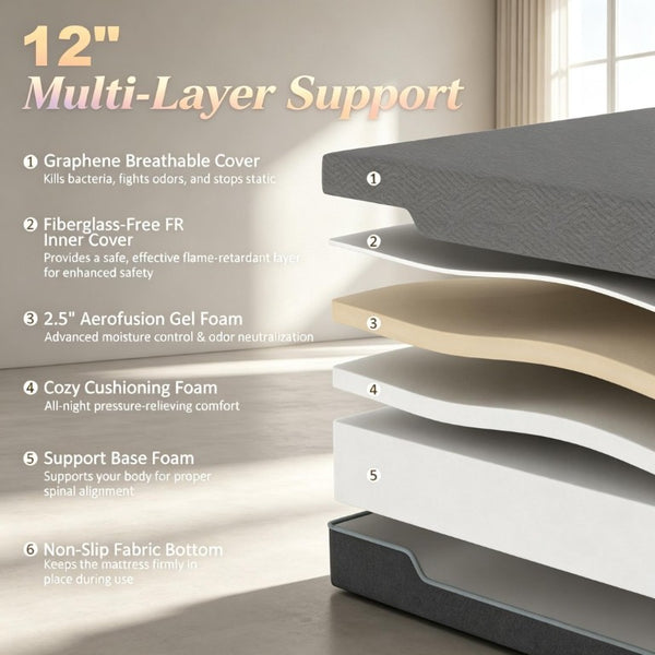 English Elm Queen 12 Inch Copper Gel Memory Foam Mattress with Graphene Cover for Cool Sleep T3971P550015