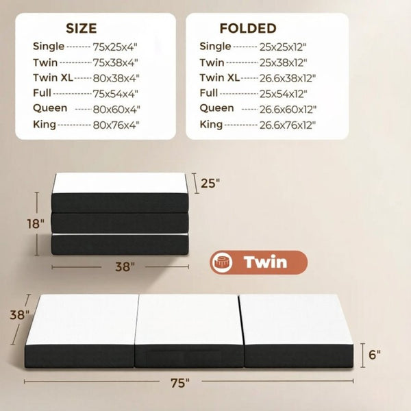 English Elm 6 Inch Gel Memory Foam Trifold Mattress for Camping RV Guest Sleeping and Yoga T3971P550033