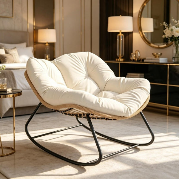 English Elm Rocking Egg Chair Handwoven PE Wicker Oversized Papasan Seat for Patio or Garden Beige T3971P550083