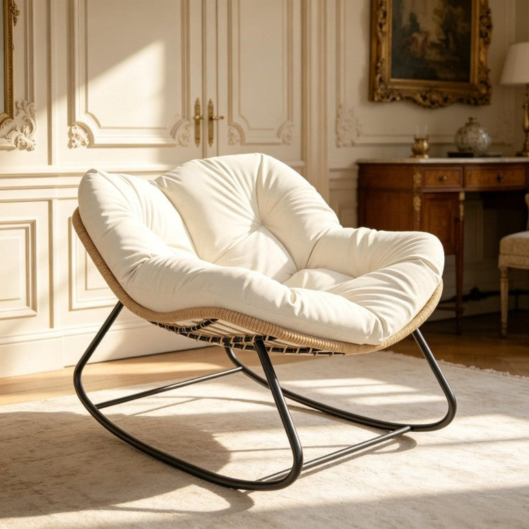 English Elm Rocking Egg Chair Handwoven PE Wicker Oversized Papasan Seat for Patio or Garden Beige T3971P550083