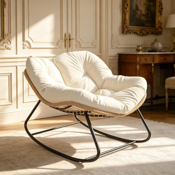 English Elm Rocking Egg Chair Handwoven PE Wicker Oversized Papasan Seat for Patio or Garden Beige T3971P550083
