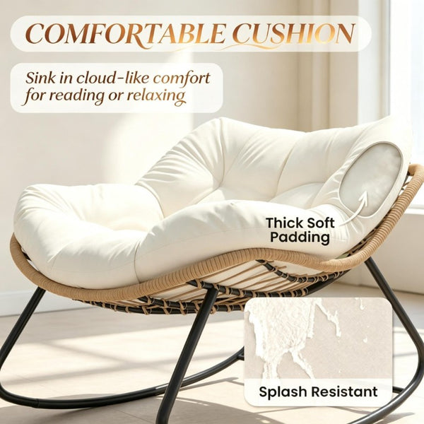 English Elm Rocking Egg Chair Handwoven PE Wicker Oversized Papasan Seat for Patio or Garden Beige T3971P550083
