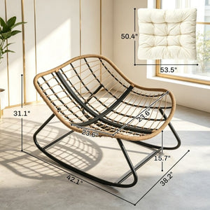 English Elm Rocking Egg Chair Handwoven PE Wicker Oversized Papasan Seat for Patio or Garden Beige T3971P550083