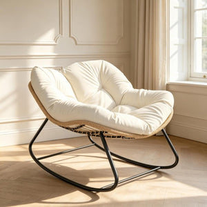 English Elm Rocking Egg Chair Handwoven PE Wicker Oversized Papasan Seat for Patio or Garden Beige T3971P550083