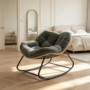 English Elm Rocking Egg Chair Handwoven PE Wicker Oversized Papasan Seat for Patio or Garden Dark Gray T3971P551336
