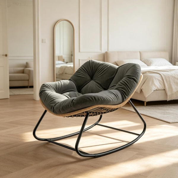 English Elm Rocking Egg Chair Handwoven PE Wicker Oversized Papasan Seat for Patio or Garden Dark Gray T3971P551336