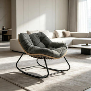 English Elm Rocking Egg Chair Handwoven PE Wicker Oversized Papasan Seat for Patio or Garden Dark Gray T3971P551336