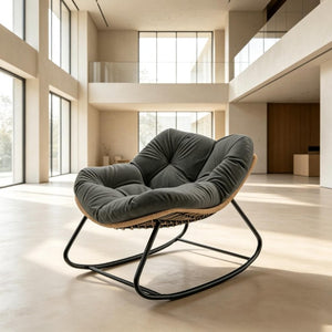 English Elm Rocking Egg Chair Handwoven PE Wicker Oversized Papasan Seat for Patio or Garden Dark Gray T3971P551336