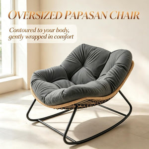 English Elm Rocking Egg Chair Handwoven PE Wicker Oversized Papasan Seat for Patio or Garden Dark Gray T3971P551336