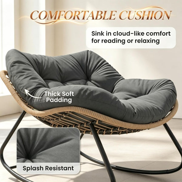 English Elm Rocking Egg Chair Handwoven PE Wicker Oversized Papasan Seat for Patio or Garden Dark Gray T3971P551336