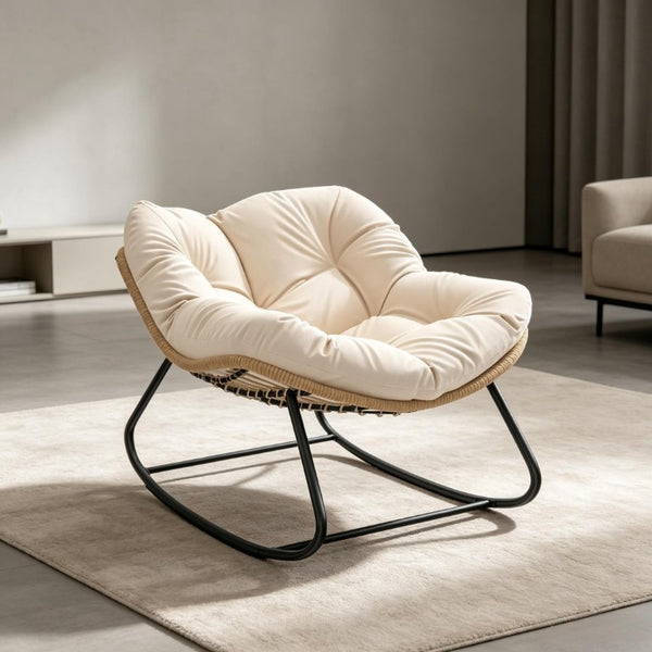English Elm Rocking Egg Chair Handwoven PE Wicker Oversized Papasan Seat for Patio or Garden Cream White T3971P551345