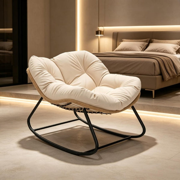 English Elm Rocking Egg Chair Handwoven PE Wicker Oversized Papasan Seat for Patio or Garden Cream White T3971P551345
