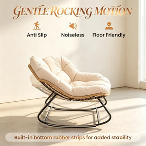 English Elm Rocking Egg Chair Handwoven PE Wicker Oversized Papasan Seat for Patio or Garden Cream White T3971P551345