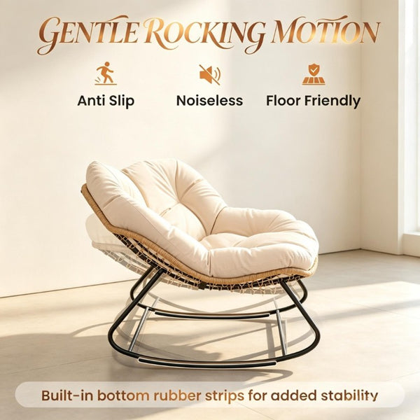 English Elm Rocking Egg Chair Handwoven PE Wicker Oversized Papasan Seat for Patio or Garden Cream White T3971P551345
