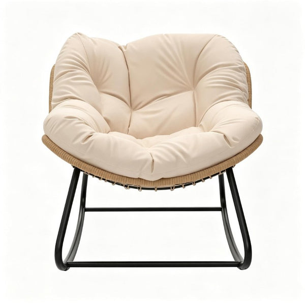 English Elm Rocking Egg Chair Handwoven PE Wicker Oversized Papasan Seat for Patio or Garden Cream White T3971P551345