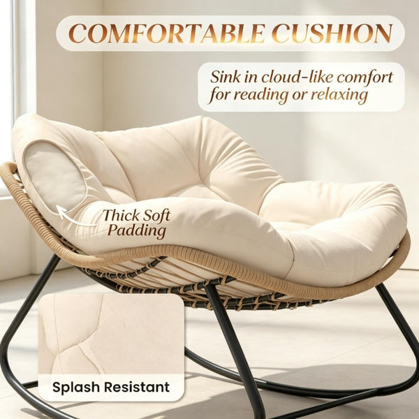 English Elm Rocking Egg Chair Handwoven PE Wicker Oversized Papasan Seat for Patio or Garden Cream White T3971P551345