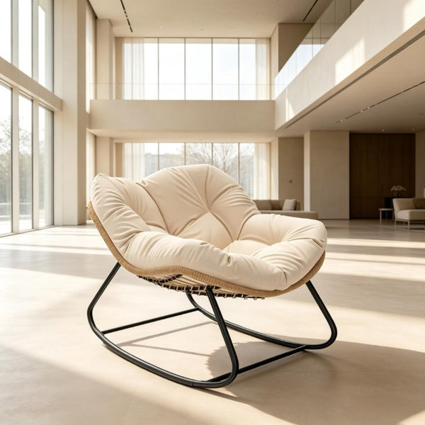 English Elm Rocking Egg Chair Handwoven PE Wicker Oversized Papasan Seat for Patio or Garden Cream White T3971P551345