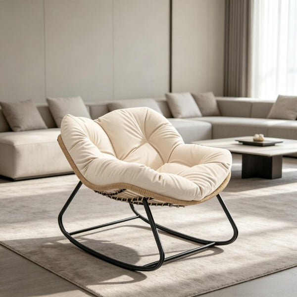 English Elm Rocking Egg Chair Handwoven PE Wicker Oversized Papasan Seat for Patio or Garden Cream White T3971P551345