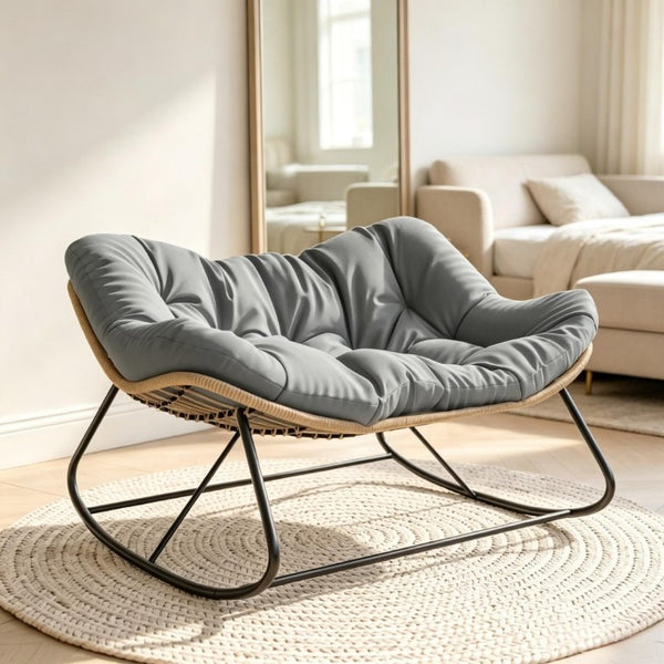 English Elm Double Rocking Wicker Egg Chair Oversized PE Weave Seat for Patio or Garden Gray T3971P551372