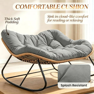 English Elm Double Rocking Wicker Egg Chair Oversized PE Weave Seat for Patio or Garden Gray T3971P551372