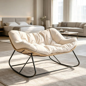 English Elm Double Rocking Wicker Egg Chair Oversized PE Weave Seat for Patio or Garden Cream White T3971P551375