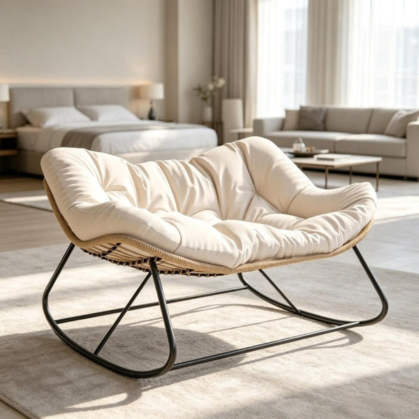English Elm Double Rocking Wicker Egg Chair Oversized PE Weave Seat for Patio or Garden Cream White T3971P551375