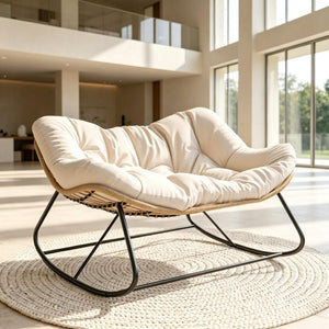 English Elm Double Rocking Wicker Egg Chair Oversized PE Weave Seat for Patio or Garden Cream White T3971P551375