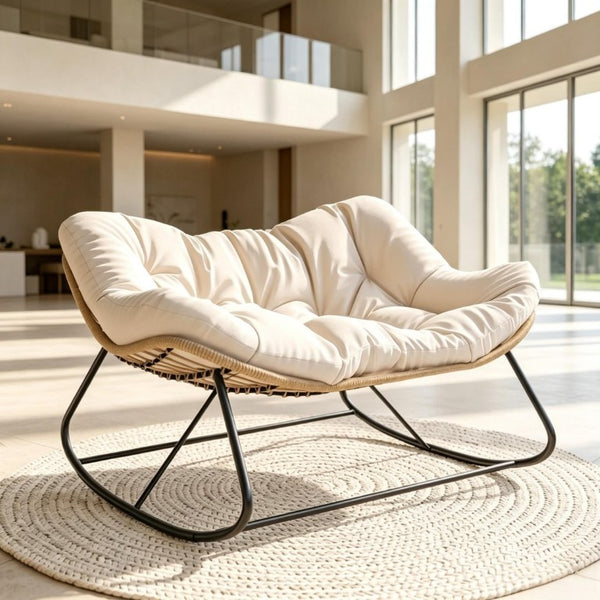 English Elm Double Rocking Wicker Egg Chair Oversized PE Weave Seat for Patio or Garden Cream White T3971P551375