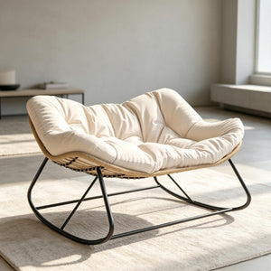 English Elm Double Rocking Wicker Egg Chair Oversized PE Weave Seat for Patio or Garden Cream White T3971P551375