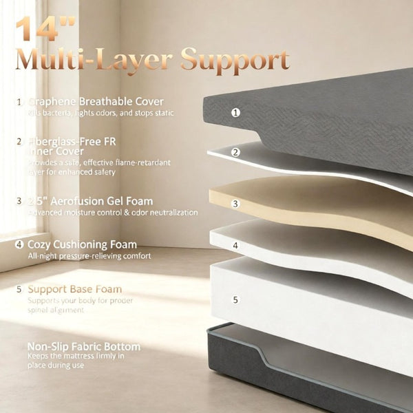 English Elm 14 Inch Queen Copper Gel Foam Mattress Triple Layer Cooling USA Made Sleep Support T3971P551400
