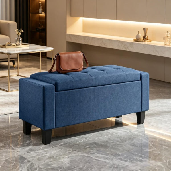 English Elm 36.6 Inch Button Tufted Linen Storage Bench with Rubberwood Legs for Entryway Bedroom Blue T3971P551572