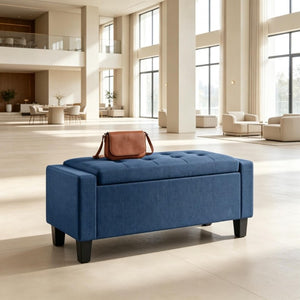 English Elm 36.6 Inch Button Tufted Linen Storage Bench with Rubberwood Legs for Entryway Bedroom Blue T3971P551572